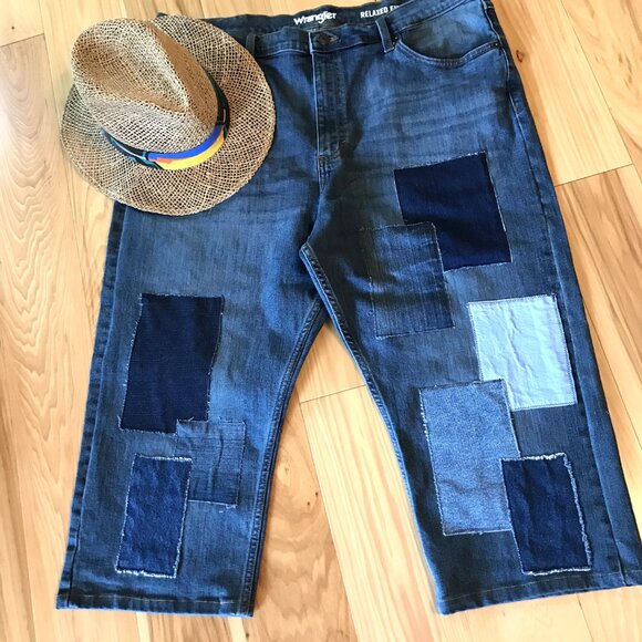 Men’s Patchwork Jeans Shorts, Size 40-30: Upcycled Distressed Denim on Denim - Picture 11 of 11